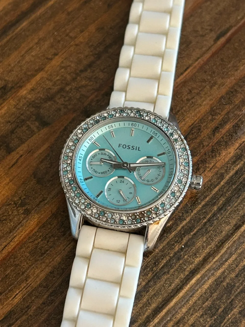Fossil Turquoise Crystal-Bezel Silicone Strap Watch